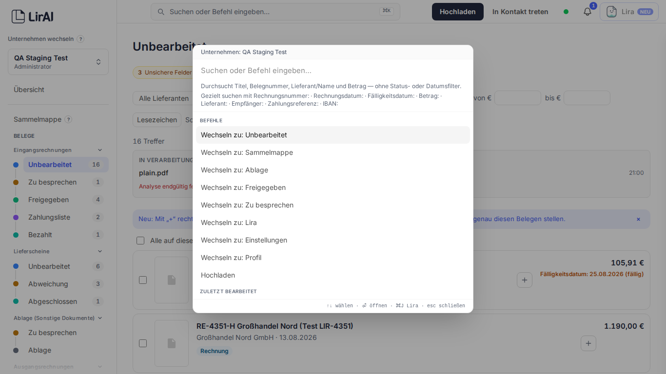 Die geöffnete Befehlsleiste als modales Suchfeld über dem Dashboard
