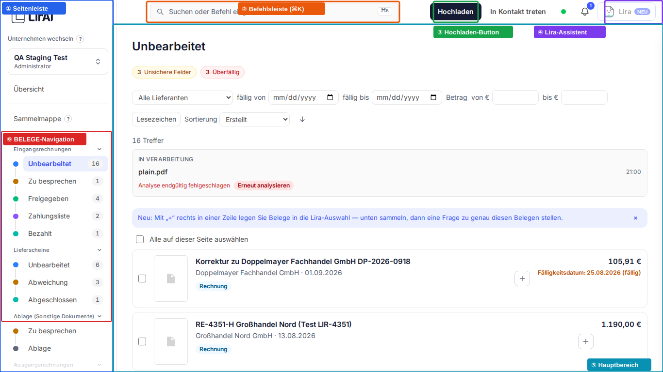 Übersicht des LirAI-Next-Dashboards: Seitenleiste (①), Befehlsleiste (②), Hochladen-Button (③), Lira-Assistent (④) und Hauptbereich (⑤)