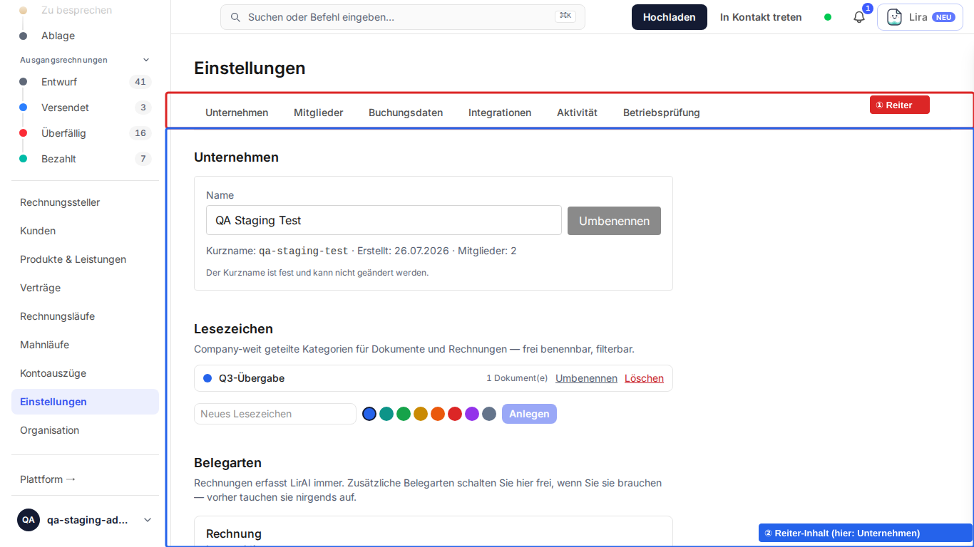 Einstellungen-Seite mit Reitern oben (①) und dem Inhalt des aktiven Reiters „Unternehmen" (②)