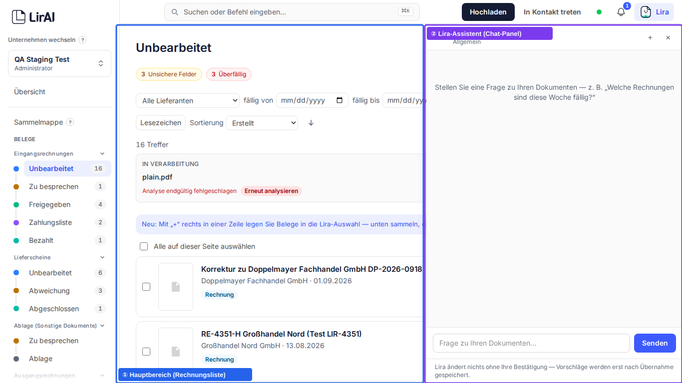Lira-Assistent-Panel (②) geöffnet neben dem Hauptbereich (①) — Lira beantwortet Fragen zu Ihren Dokumenten in natürlicher Sprache