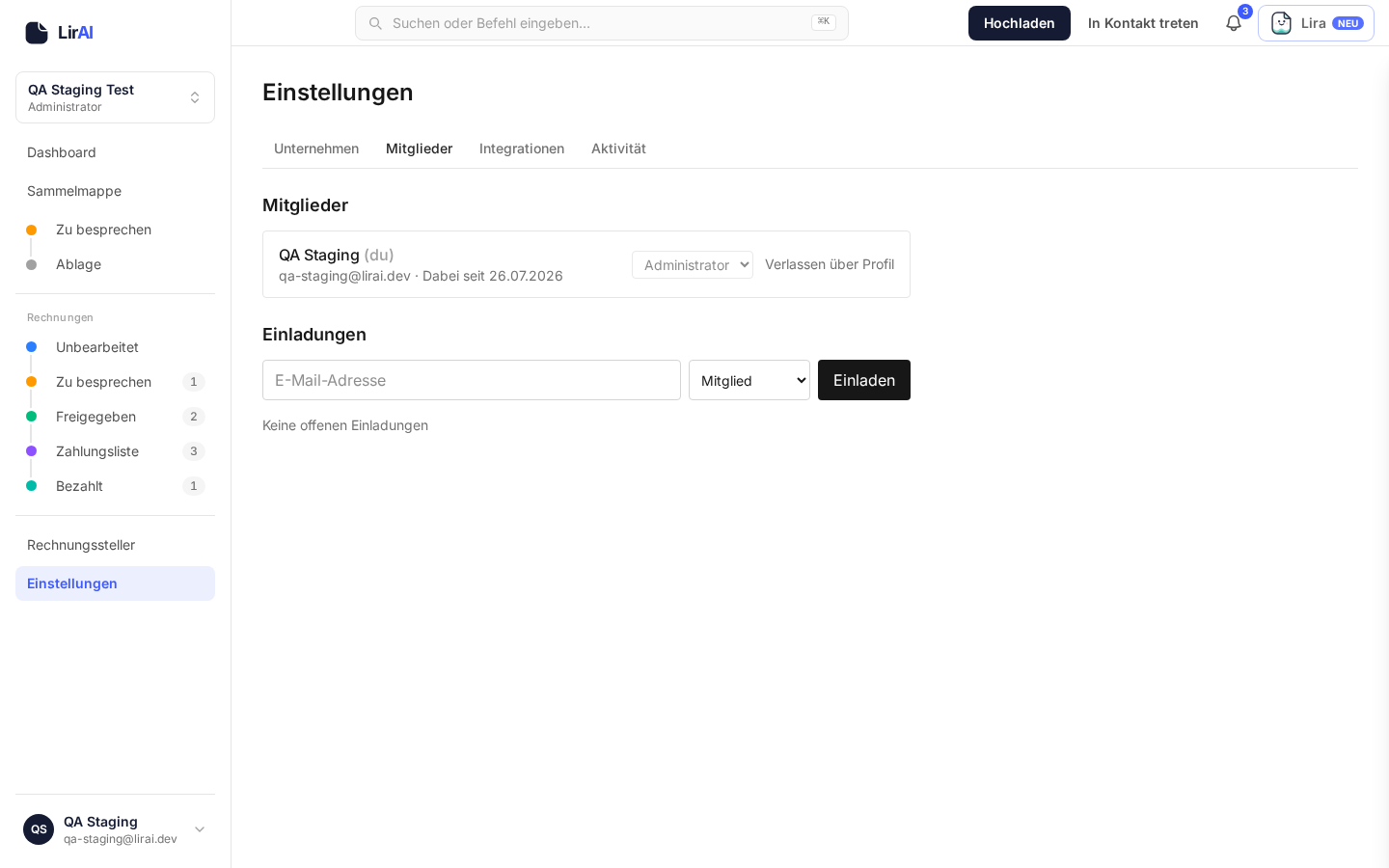Screenshot der Mitgliederverwaltung in den Einstellungen: Rollen-Dropdown-Auswahl je Mitglied sowie Einladungsformular mit Rollenauswahl (Testumgebung mit einem Mitglied, daher ohne vollständige Mitgliederliste)