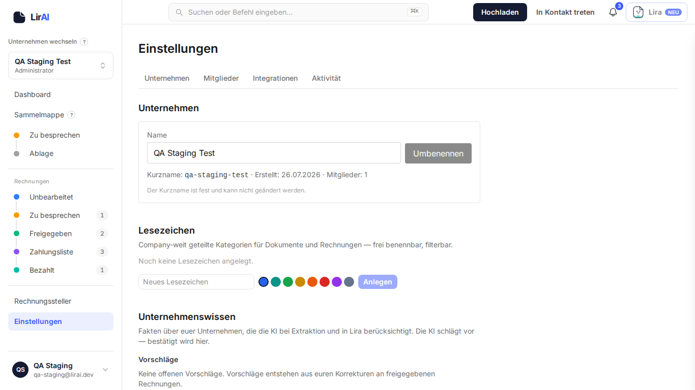 Screenshot: Einstellungen mit den vier Reitern Unternehmen, Mitglieder, Integrationen, Aktivität