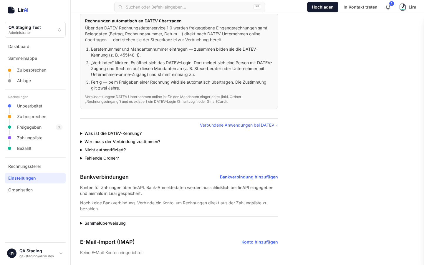 Screenshot: Einstellungen, Reiter „Integrationen“, Abschnitt E-Mail-Import (IMAP)