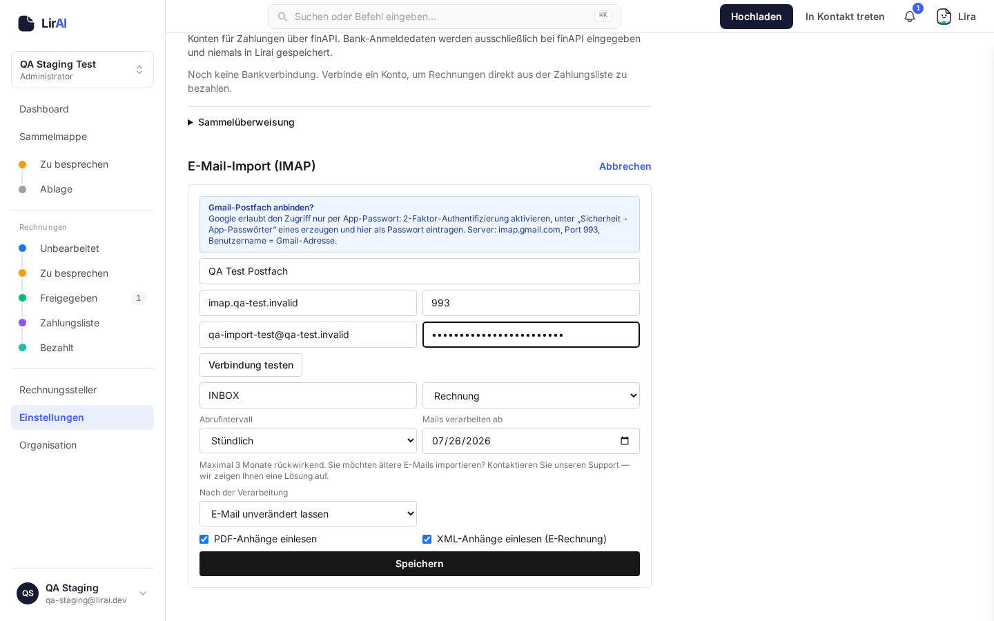 Screenshot: IMAP-Konfigurationsformular mit Host, Port, Benutzername und Passwort