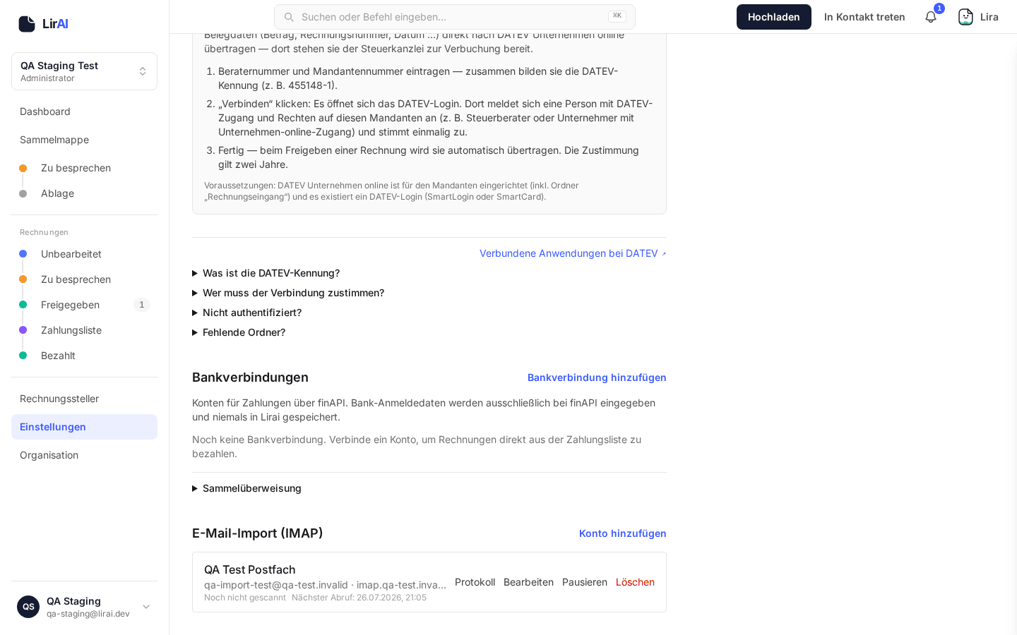 Screenshot: Konto in der Kontenliste nach dem Speichern, Status aktiv, Abrufintervall „Stündlich“, Aktion „Pausieren“ verfügbar