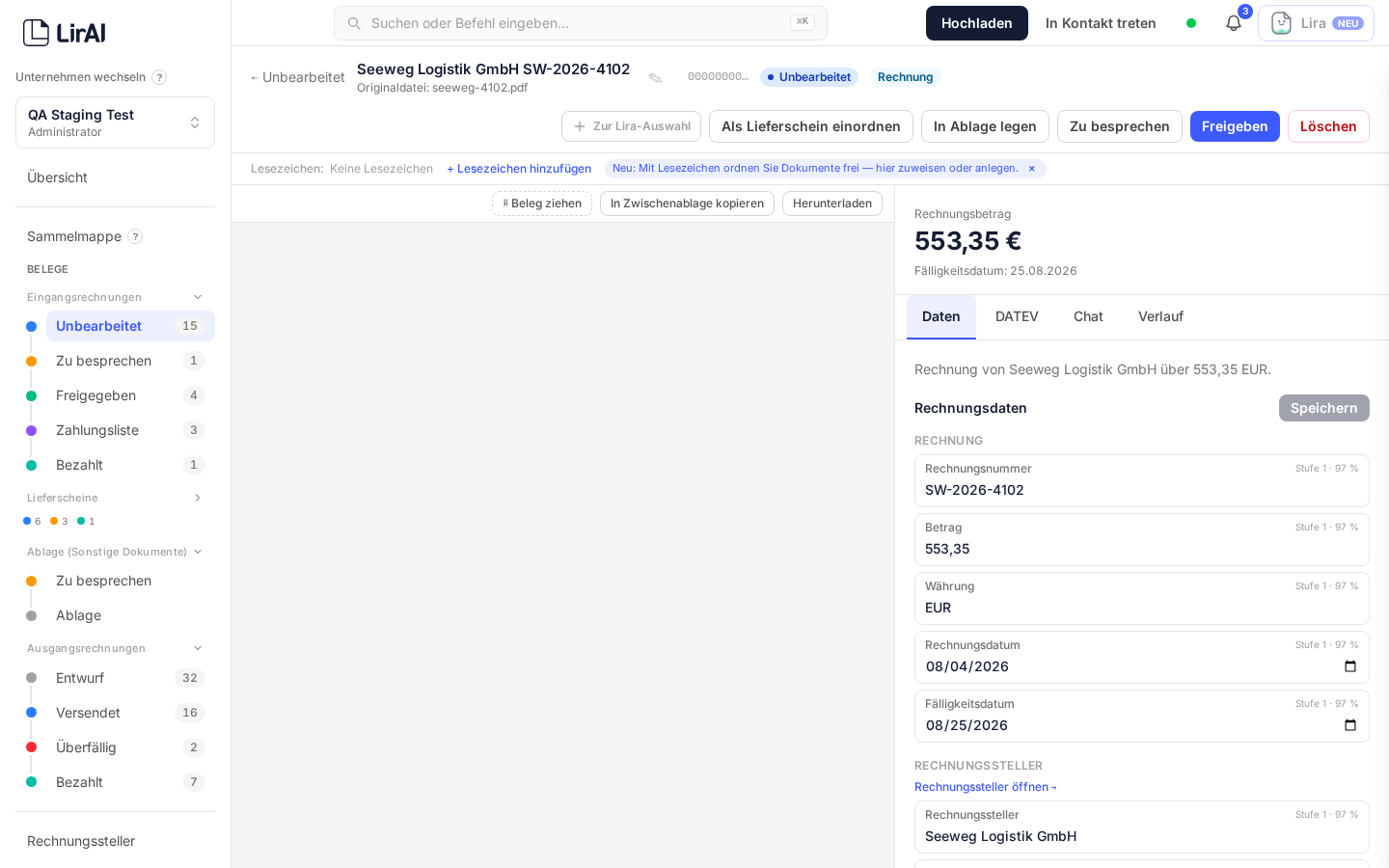 Detail-Ansicht eines per E-Mail importierten Dokuments mit extrahierten Feldern wie Rechnungsnummer, Betrag und Fälligkeitsdatum — das Dokument liegt im Status „Rechnungen" bereit