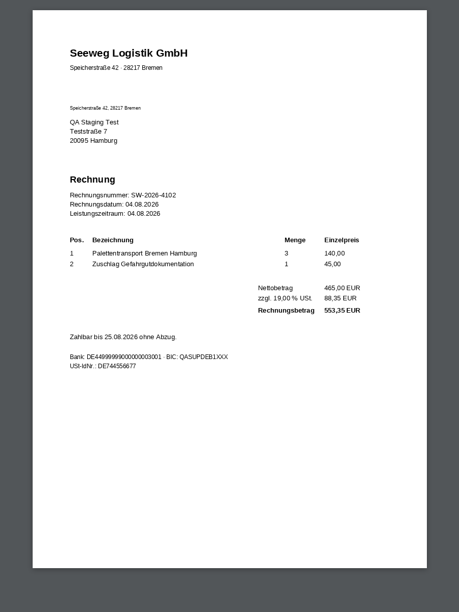 PDF-Belegansicht des importierten Dokuments — zeigt das Originaldokument neben den automatisch extrahierten Feldern, bereit zur Prüfung und Freigabe