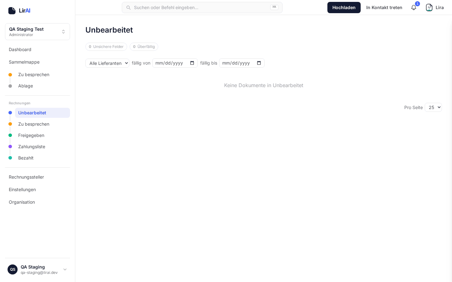 Dokumentübersicht mit dem Hochladen-Button oben rechts