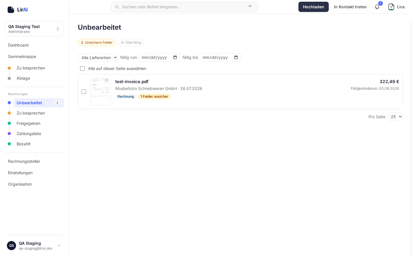 Hochgeladenes Dokument in der Liste „Unbearbeitet“ mit einem unsicheren Feld
