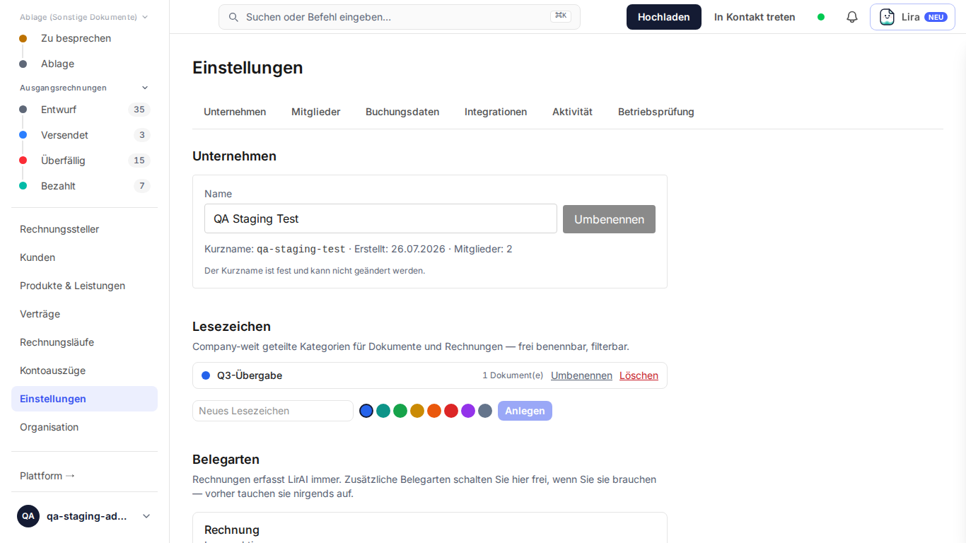 Screenshot: Lesezeichen-Verwaltung im Reiter „Unternehmen" der Einstellungen