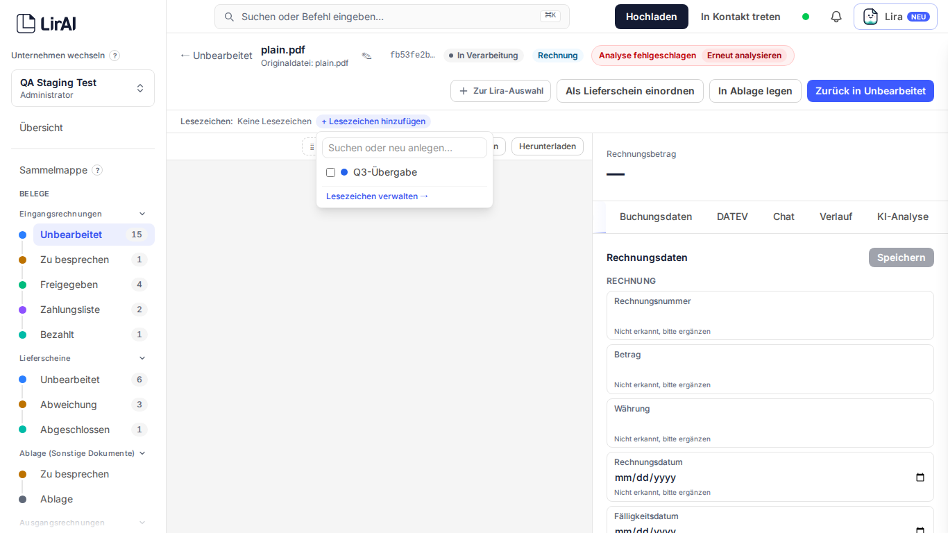 Screenshot: Lesezeichen-Chips und Auswahlfeld im Dokument-Header