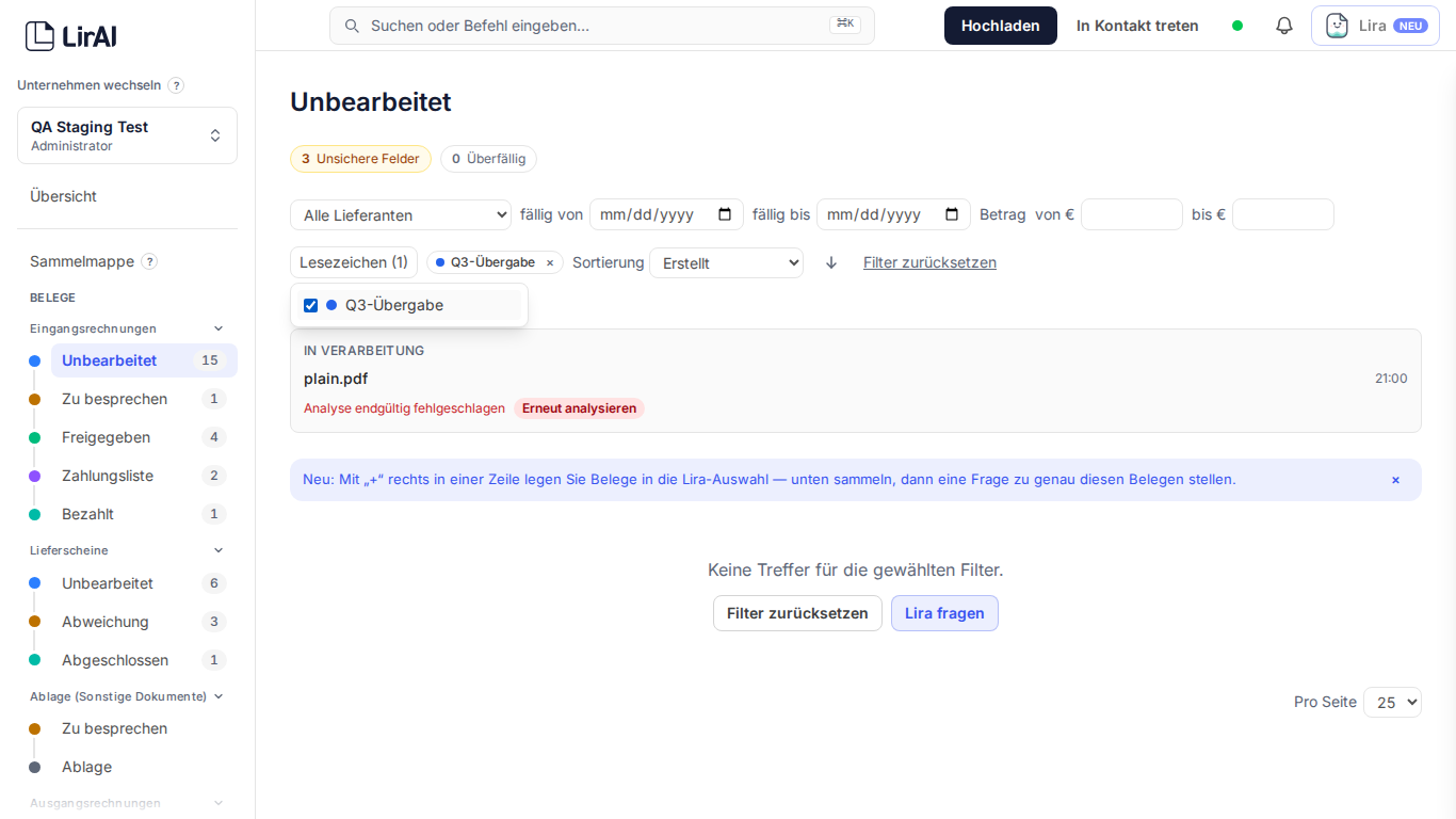 Screenshot: Lesezeichen-Filter in der Dokumentliste