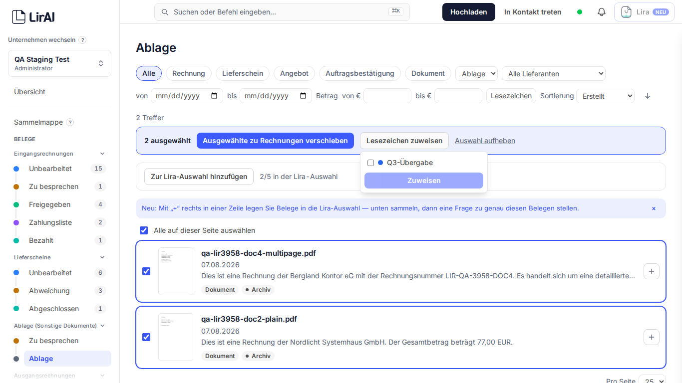 Screenshot: Mehrfachauswahl mit geöffneter Lesezeichen-Zuweisung