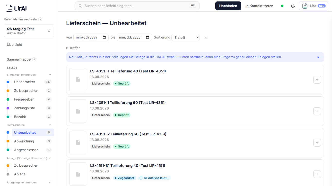 Liste der Lieferscheine im Bereich „Lieferschein — Unbearbeitet" mit Lieferscheinnummer, Datum und Status
