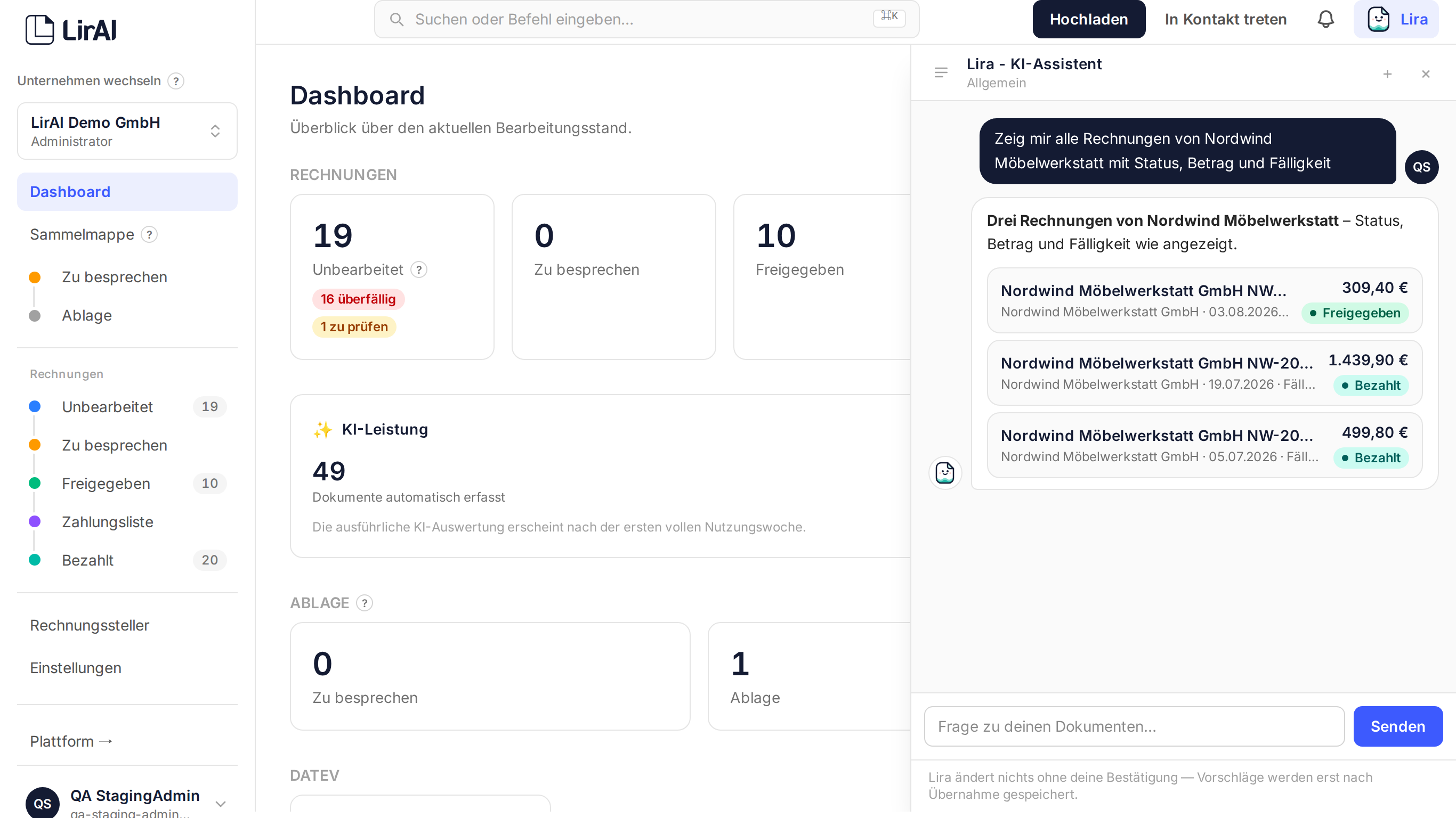 Trefferliste im Lira-Assistenten als anklickbare Dokumentkarten mit Status, Betrag und Fälligkeit