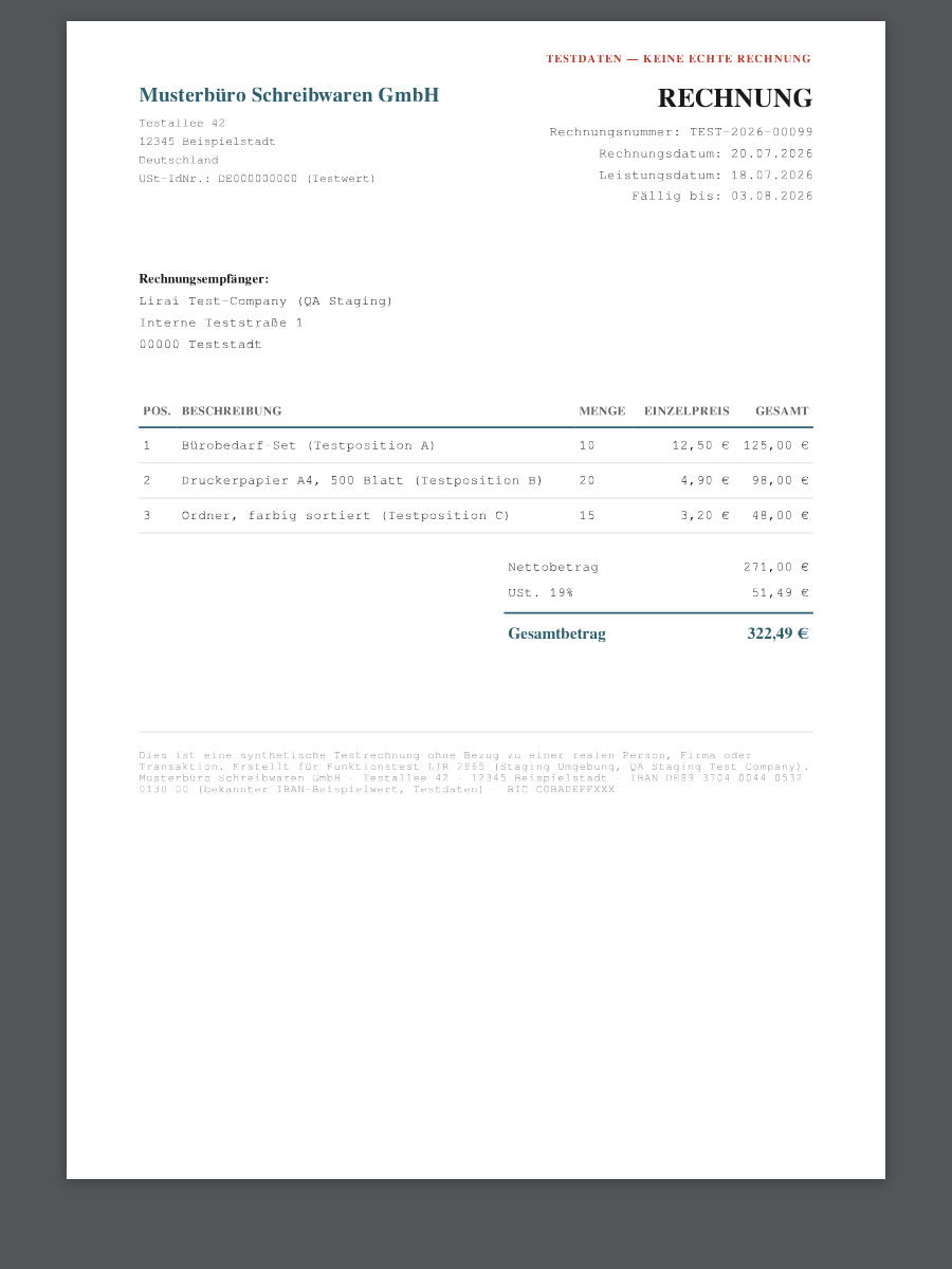 PDF-Belegansicht der gleichen Rechnung — zeigt das Originaldokument neben den extrahierten Feldern, damit Rechnungsnummer, Betrag und IBAN im Beleg direkt verglichen werden können